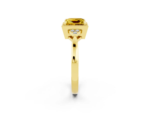 Yellow gold Princess Cut Yellow Sapphire Halo Ring with Tapered Band and Four-Prong Setting