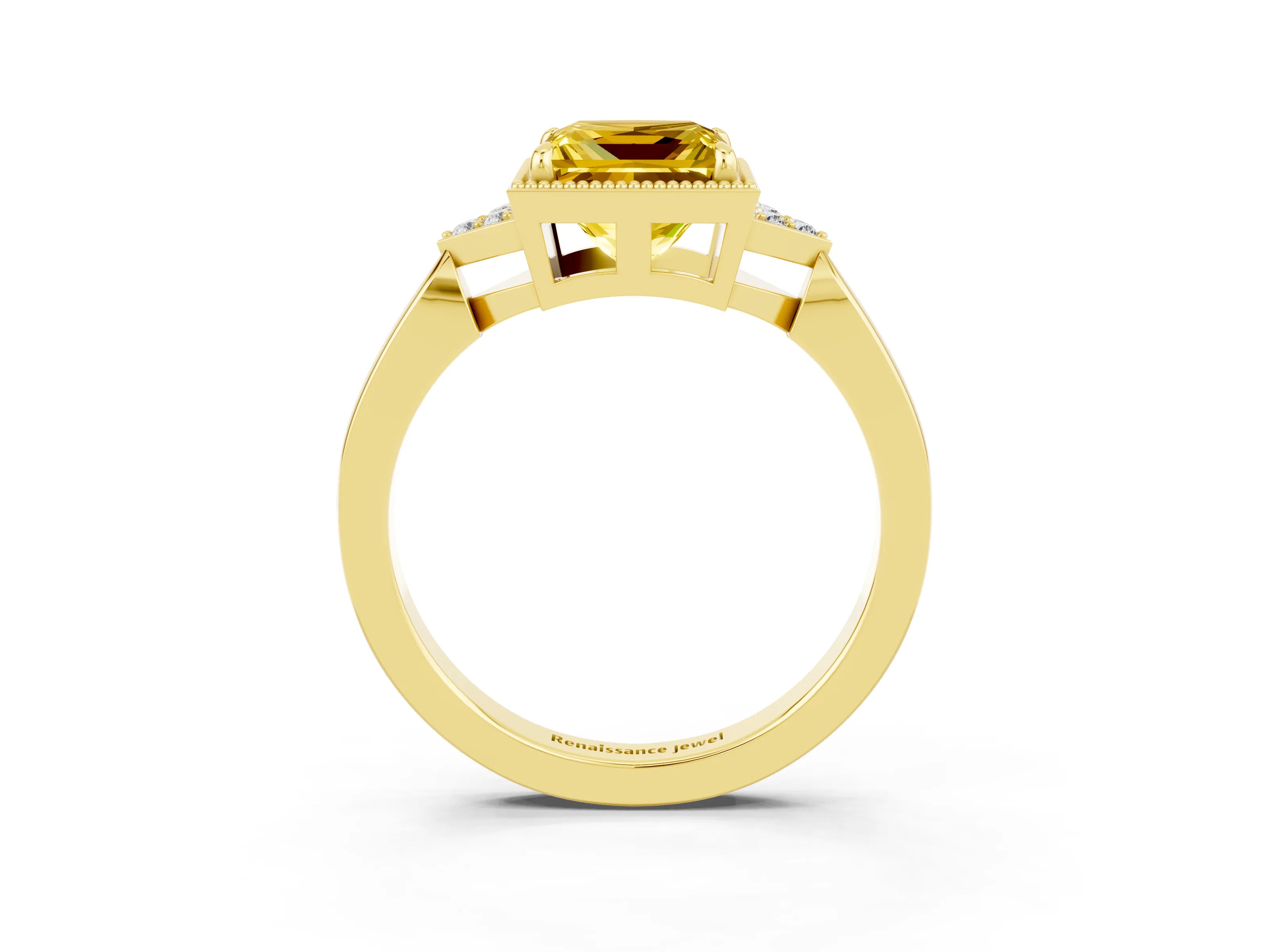 Yellow gold Princess Cut Yellow Sapphire Halo Ring with Tapered Band and Four-Prong Setting_3
