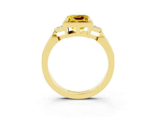 Yellow gold Princess Cut Yellow Sapphire Halo Ring with Tapered Band and Four-Prong Setting