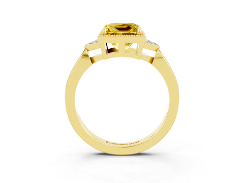 Yellow gold Princess Cut Yellow Sapphire Halo Ring with Tapered Band and Four-Prong Setting_3