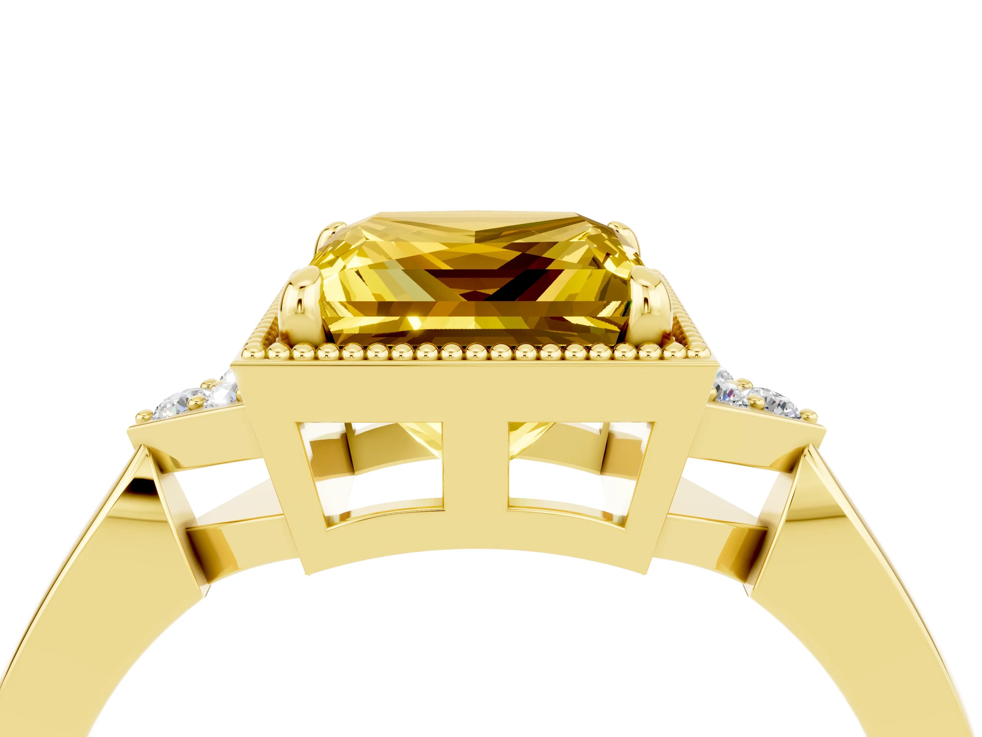 Yellow gold Princess Cut Yellow Sapphire Halo Ring with Tapered Band and Four-Prong Setting_4