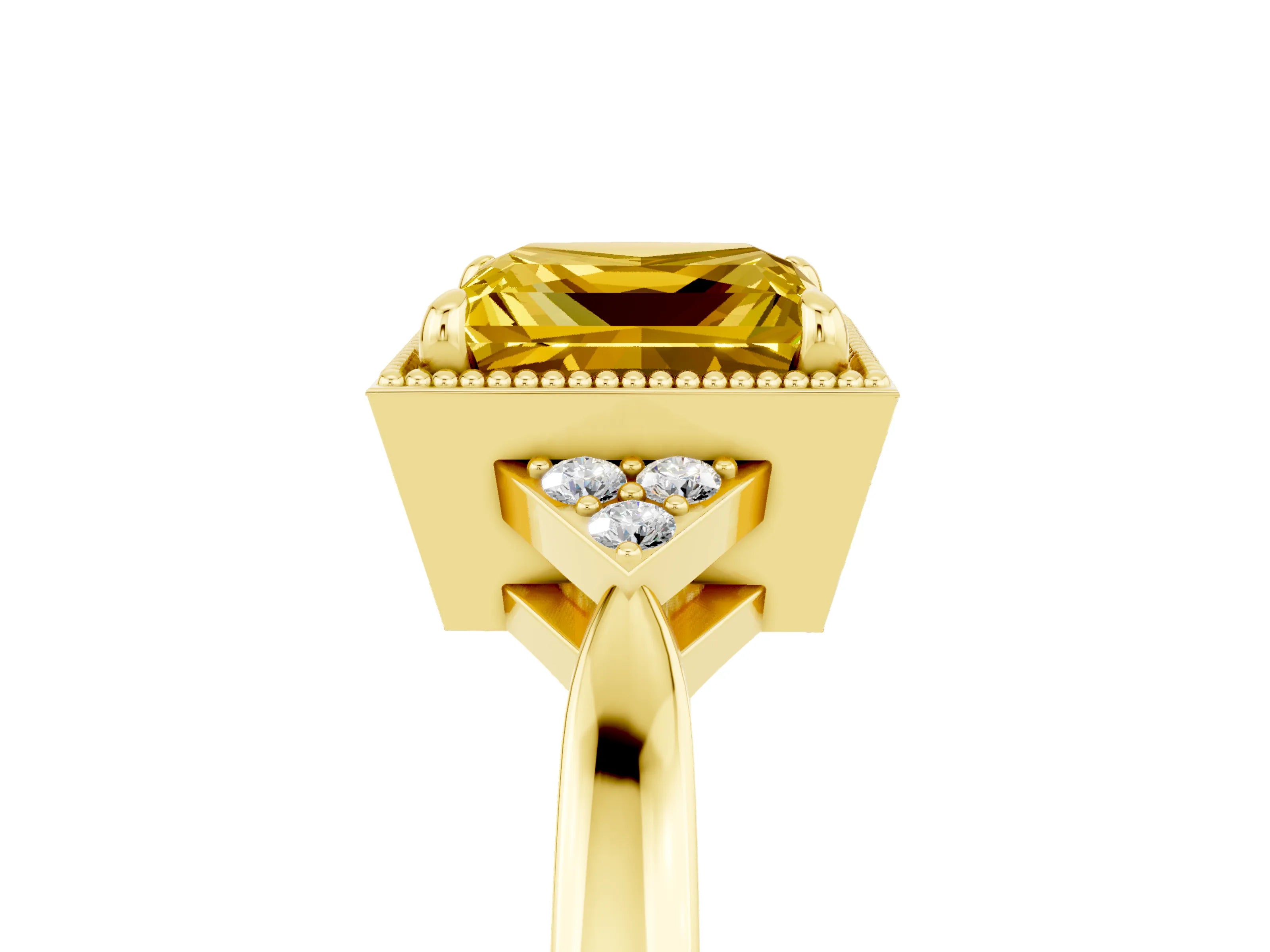 Yellow gold Princess Cut Yellow Sapphire Halo Ring with Tapered Band and Four-Prong Setting_5