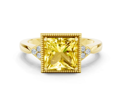 Yellow gold Princess Cut Yellow Sapphire Halo Ring with Tapered Band and Four-Prong Setting