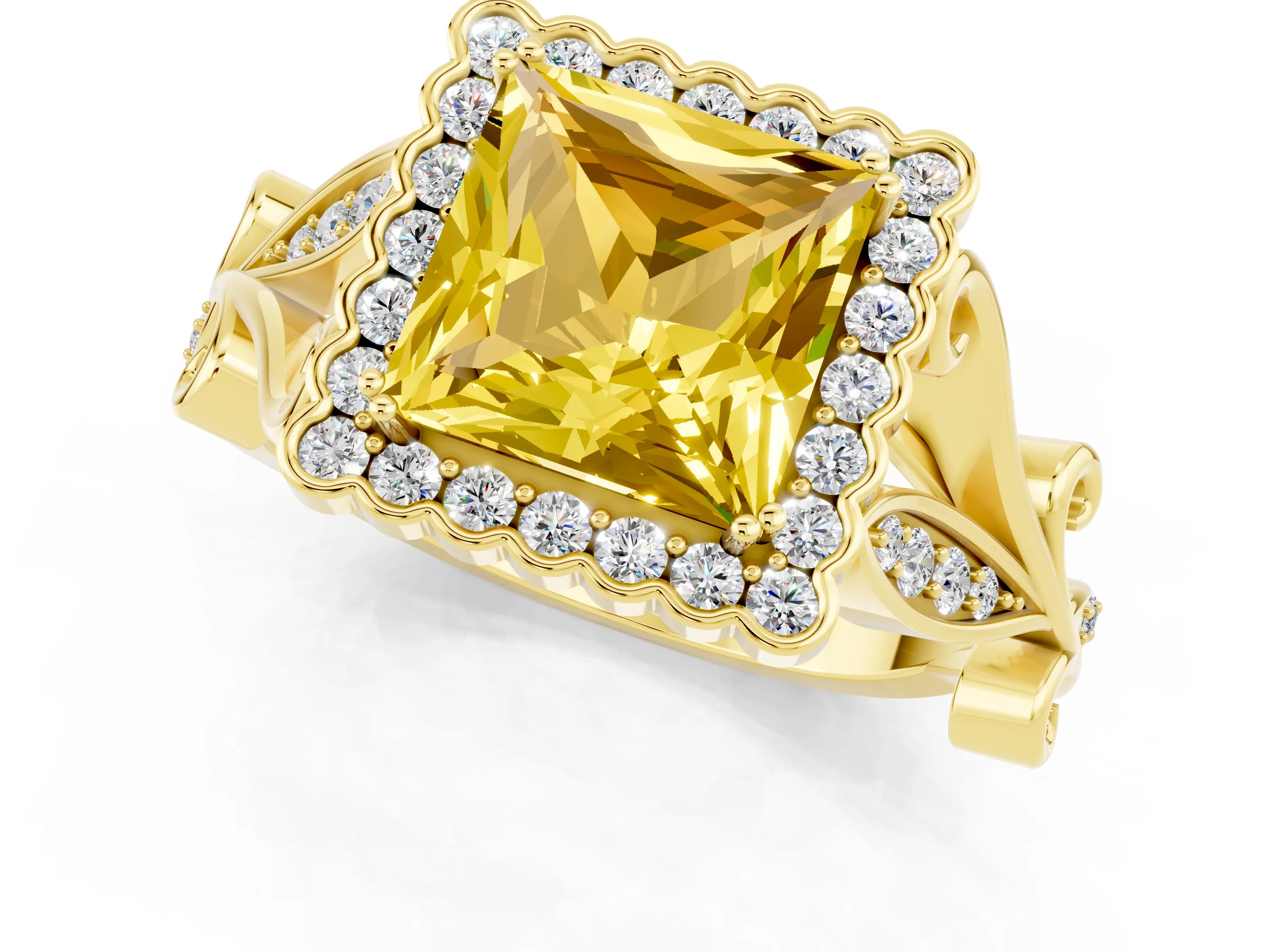 Yellow gold Princess Cut Yellow Sapphire Halo Ring with Vintage Split Shank and Four-Prong Setting_1