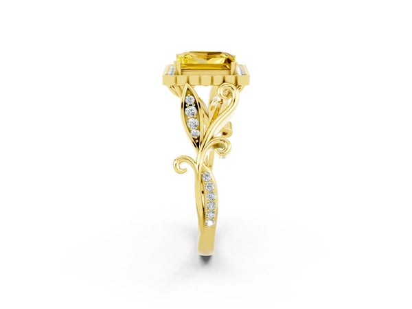 Yellow gold Princess Cut Yellow Sapphire Halo Ring with Vintage Split Shank and Four-Prong Setting