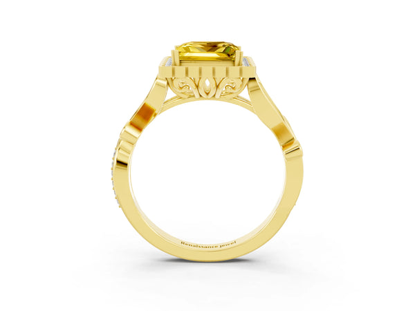 Yellow gold Princess Cut Yellow Sapphire Halo Ring with Vintage Split Shank and Four-Prong Setting