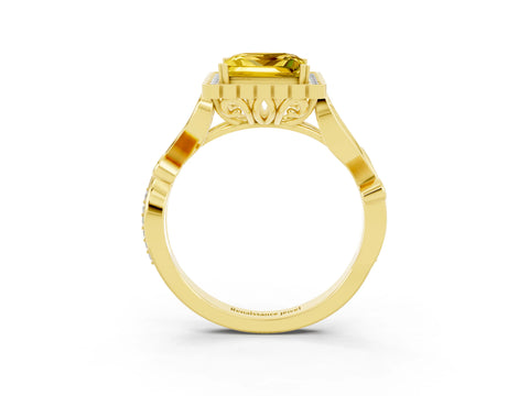 Yellow gold Princess Cut Yellow Sapphire Halo Ring with Vintage Split Shank and Four-Prong Setting_3