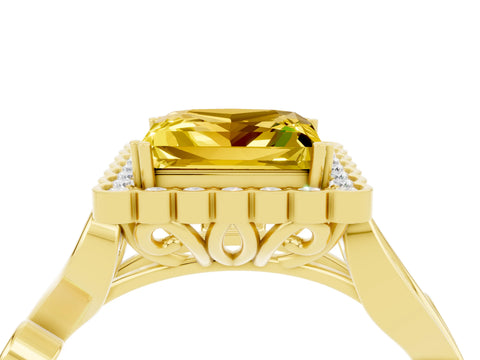 Yellow gold Princess Cut Yellow Sapphire Halo Ring with Vintage Split Shank and Four-Prong Setting_4