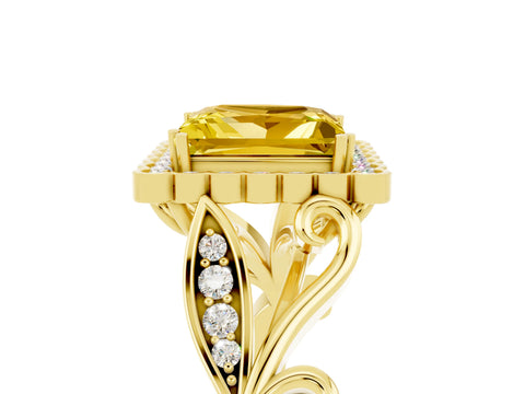 Yellow gold Princess Cut Yellow Sapphire Halo Ring with Vintage Split Shank and Four-Prong Setting_5