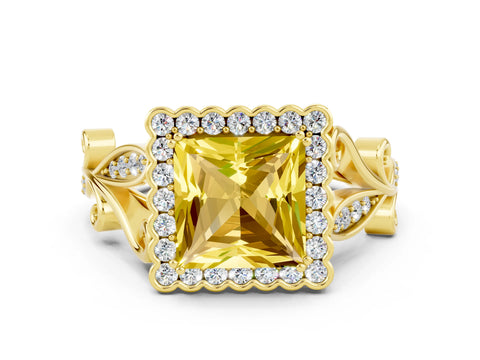 Yellow gold Princess Cut Yellow Sapphire Halo Ring with Vintage Split Shank and Four-Prong Setting