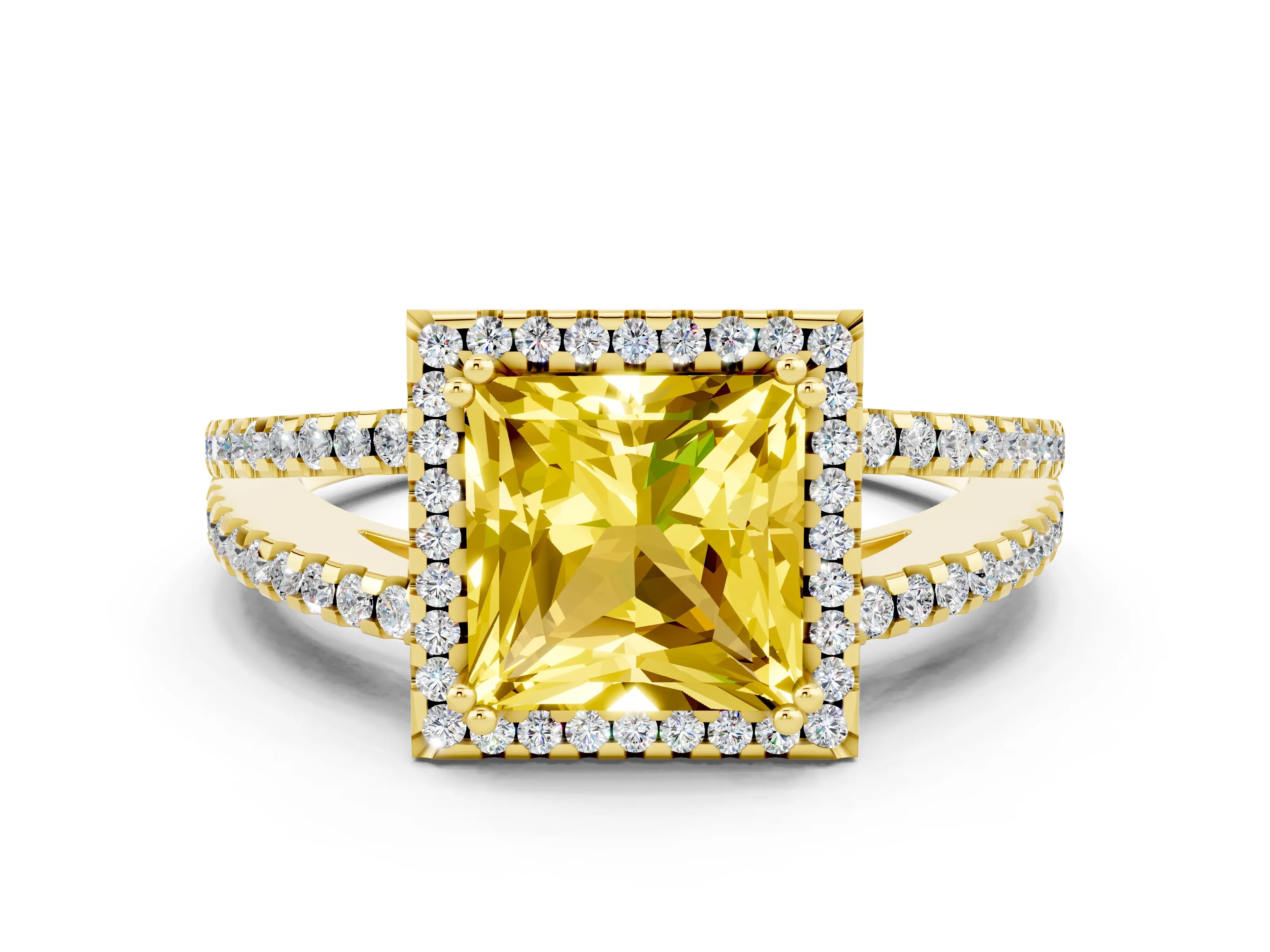 Yellow gold Princess Cut Yellow Sapphire Halo Split Shank Engagement Ring_12
