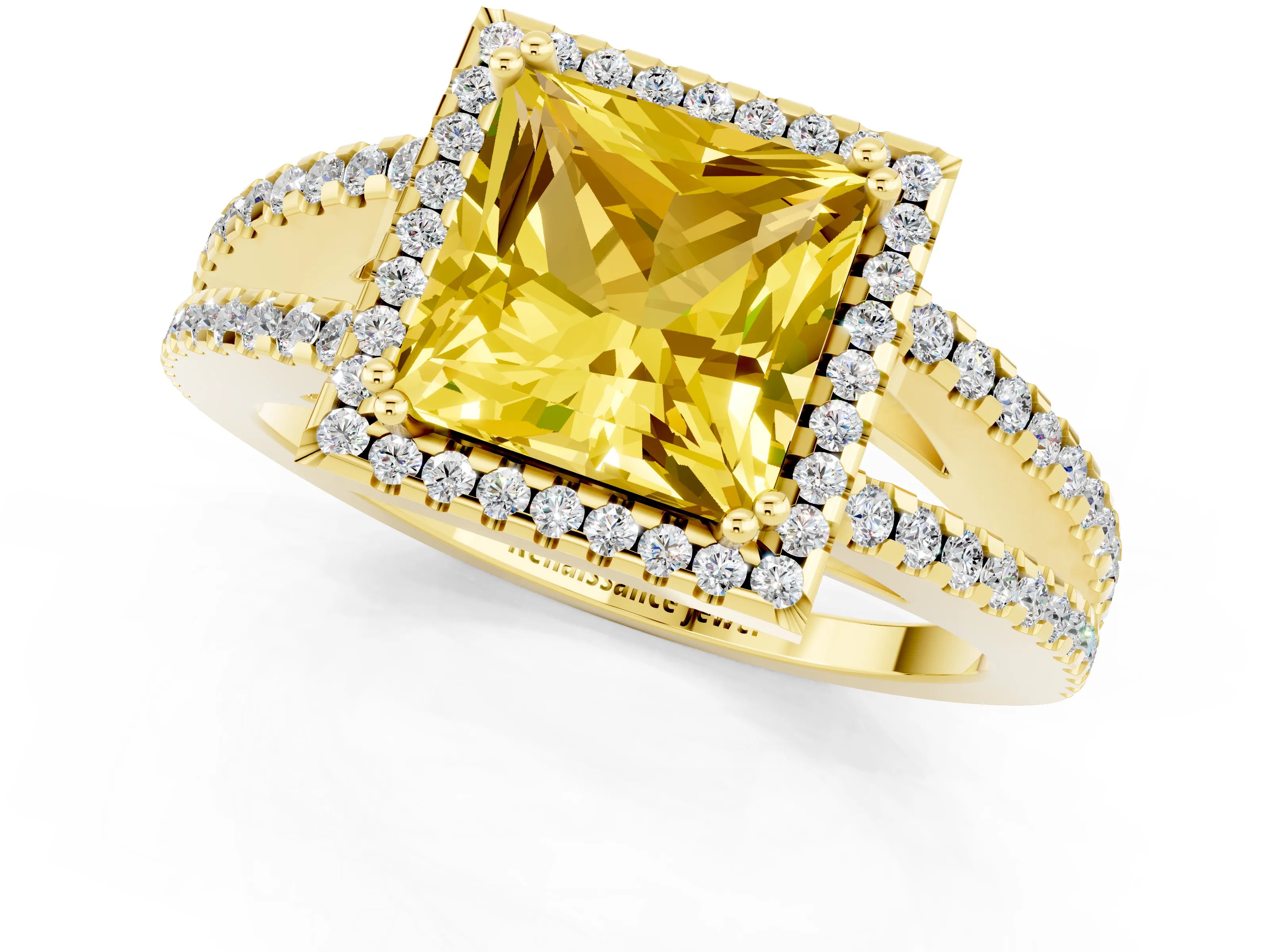 Yellow gold Princess Cut Yellow Sapphire Halo Split Shank Engagement Ring_13