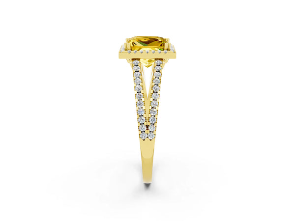 Yellow gold Princess Cut Yellow Sapphire Halo Split Shank Engagement Ring