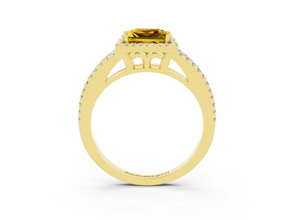 Yellow gold Princess Cut Yellow Sapphire Halo Split Shank Engagement Ring