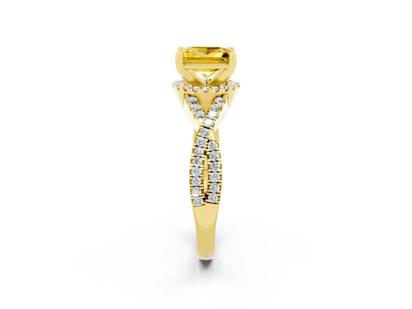 Yellow gold Princess Cut Yellow Sapphire  Halo Twist Band Solitaire Prong Setting Ring