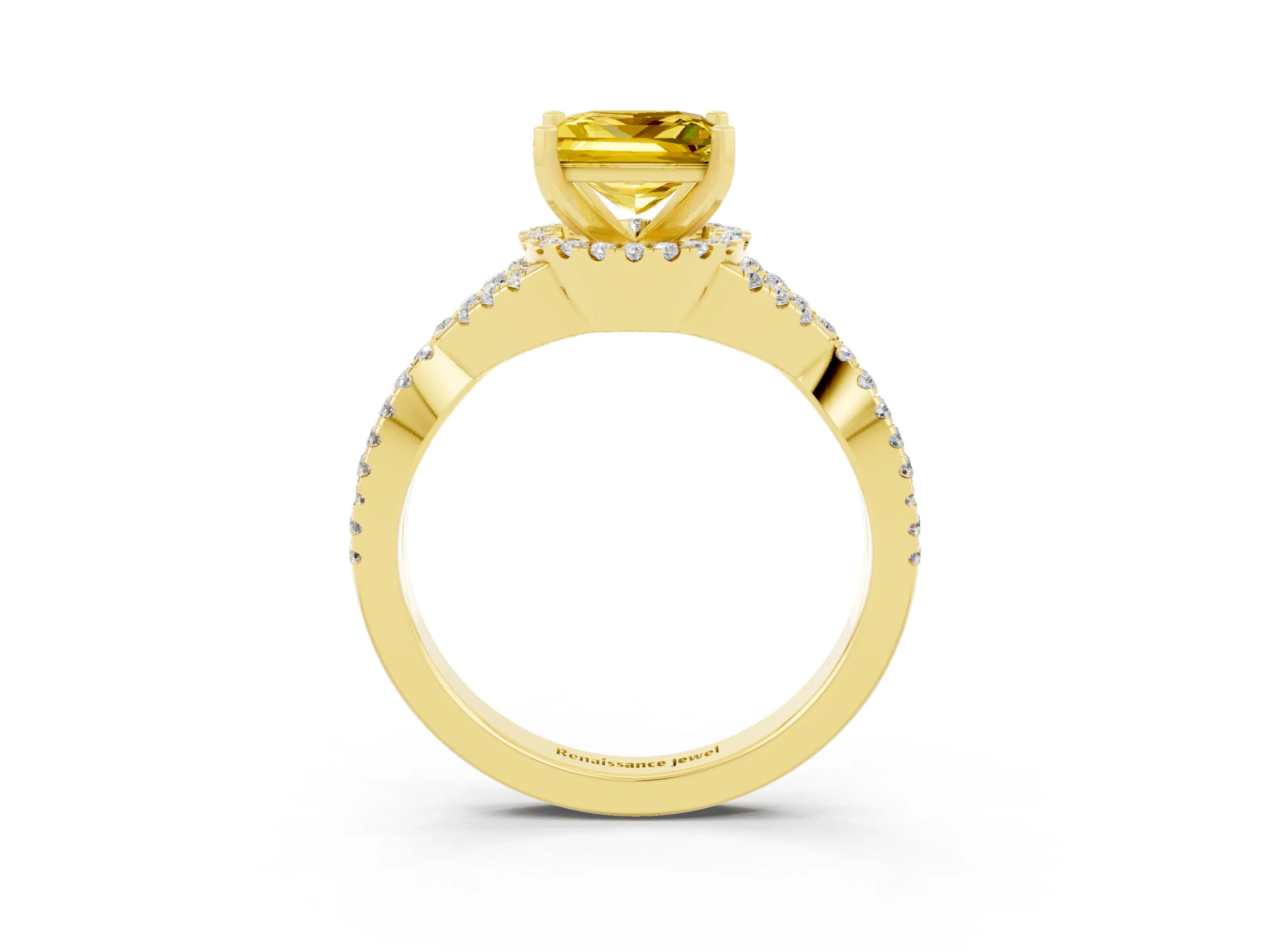 Yellow gold Princess Cut Yellow Sapphire Halo Twist Band Solitaire Prong Setting Ring_27