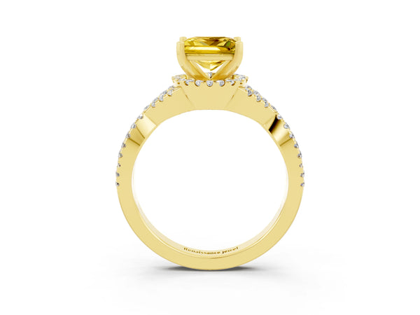 Yellow gold Princess Cut Yellow Sapphire  Halo Twist Band Solitaire Prong Setting Ring
