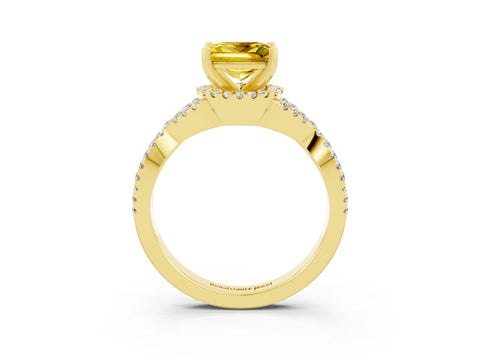 Yellow gold Princess Cut Yellow Sapphire Halo Twist Band Solitaire Prong Setting Ring_27