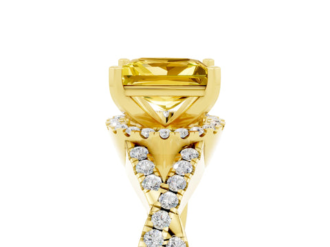 Yellow gold Princess Cut Yellow Sapphire Halo Twist Band Solitaire Prong Setting Ring_29
