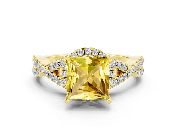 Yellow gold Princess Cut Yellow Sapphire  Halo Twist Band Solitaire Prong Setting Ring