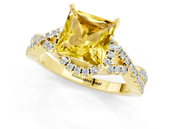 Yellow gold Princess Cut Yellow Sapphire  Halo Twist Band Solitaire Prong Setting Ring
