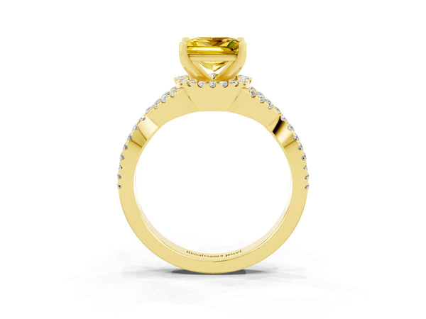 Yellow gold Princess Cut Yellow Sapphire  Halo Twist Band Solitaire Prong Setting Ring