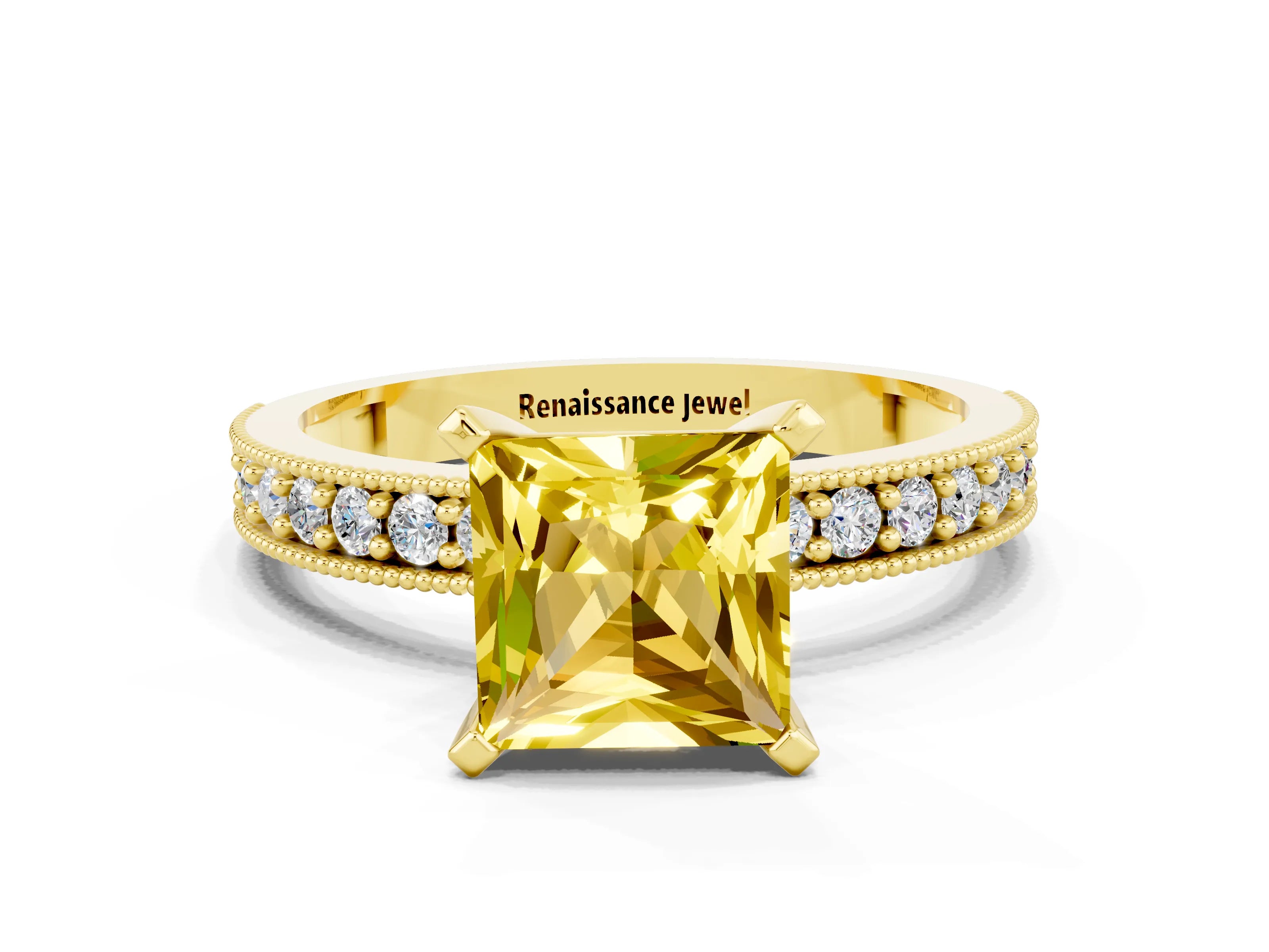 Yellow gold Princess Cut Yellow Sapphire Milgrain Pavé Engagement Ring with Four-Prong Setting_36