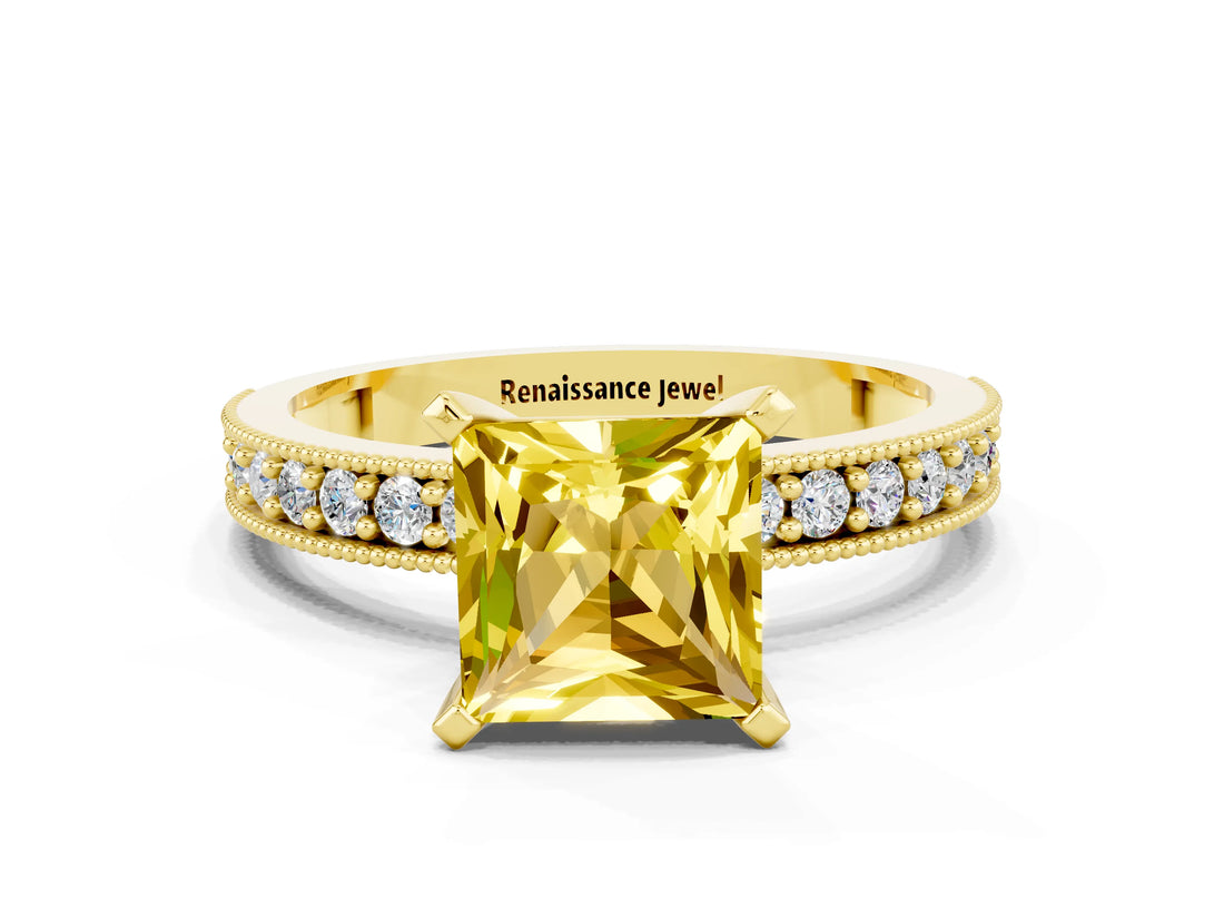 Yellow gold Princess Cut Yellow Sapphire Milgrain Pavé Engagement Ring with Four-Prong Setting_36