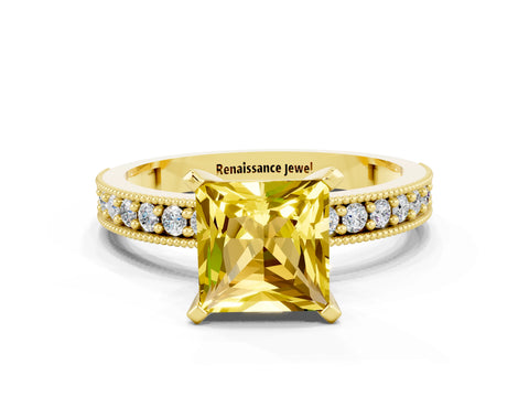 Yellow gold Princess Cut Yellow Sapphire Milgrain Pavé Engagement Ring with Four-Prong Setting_36