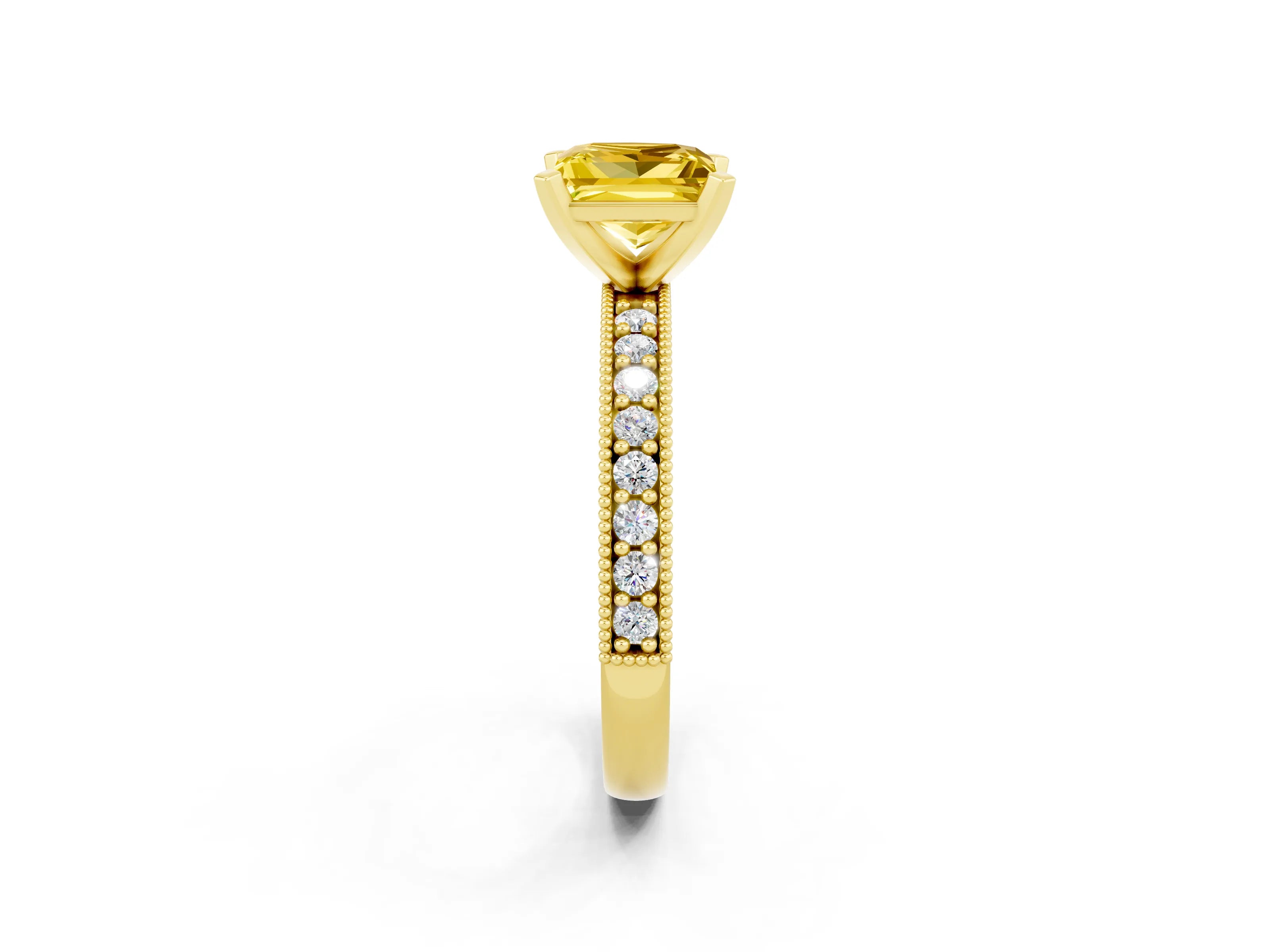 Yellow gold Princess Cut Yellow Sapphire Milgrain Pavé Engagement Ring with Four-Prong Setting_38