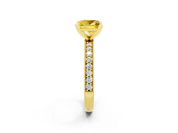 Yellow gold Princess Cut Yellow Sapphire Milgrain Pavé Engagement Ring with Four-Prong Setting