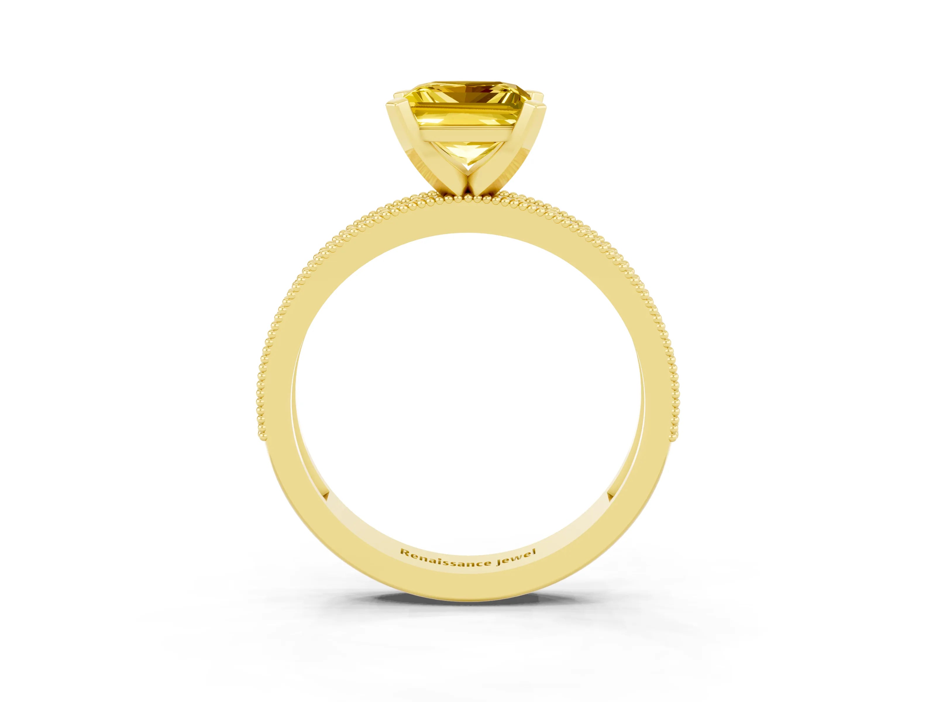 Yellow gold Princess Cut Yellow Sapphire Milgrain Pavé Engagement Ring with Four-Prong Setting_39