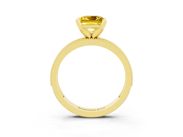 Yellow gold Princess Cut Yellow Sapphire Milgrain Pavé Engagement Ring with Four-Prong Setting