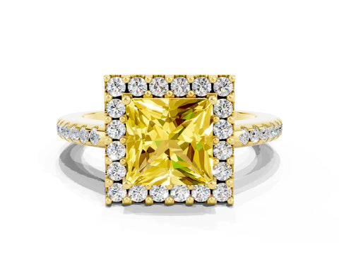 Yellow gold Princess Cut Yellow Sapphire Pavé Halo Ring with Four-Prong Setting_12