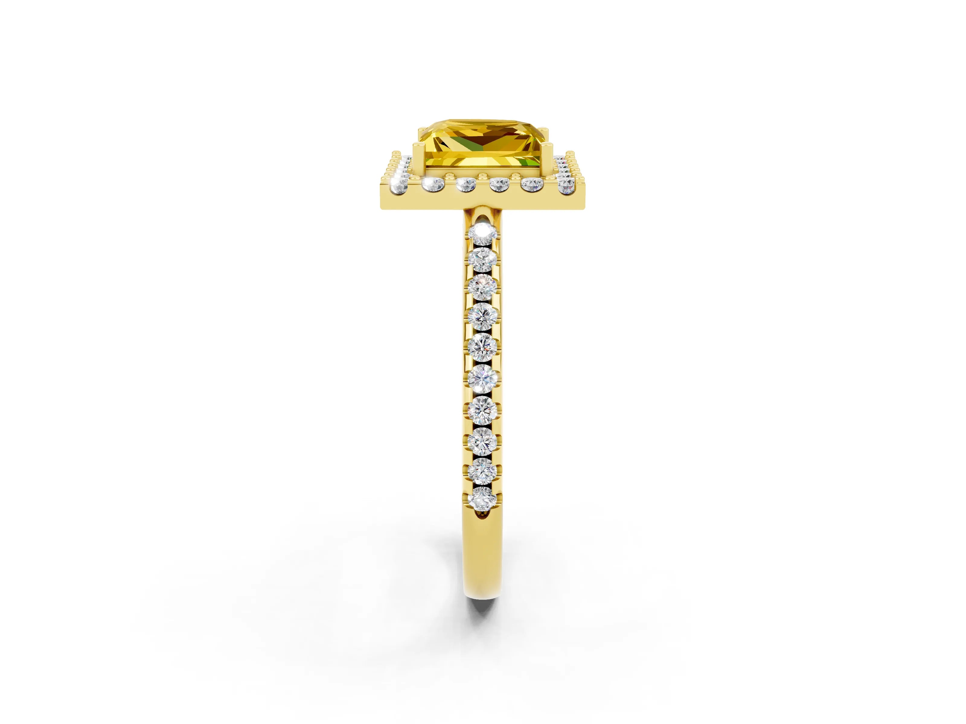 Yellow gold Princess Cut Yellow Sapphire Pavé Halo Ring with Four-Prong Setting_14