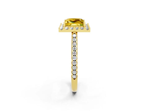 Yellow gold Princess Cut Yellow Sapphire Pavé Halo Ring with Four-Prong Setting_14
