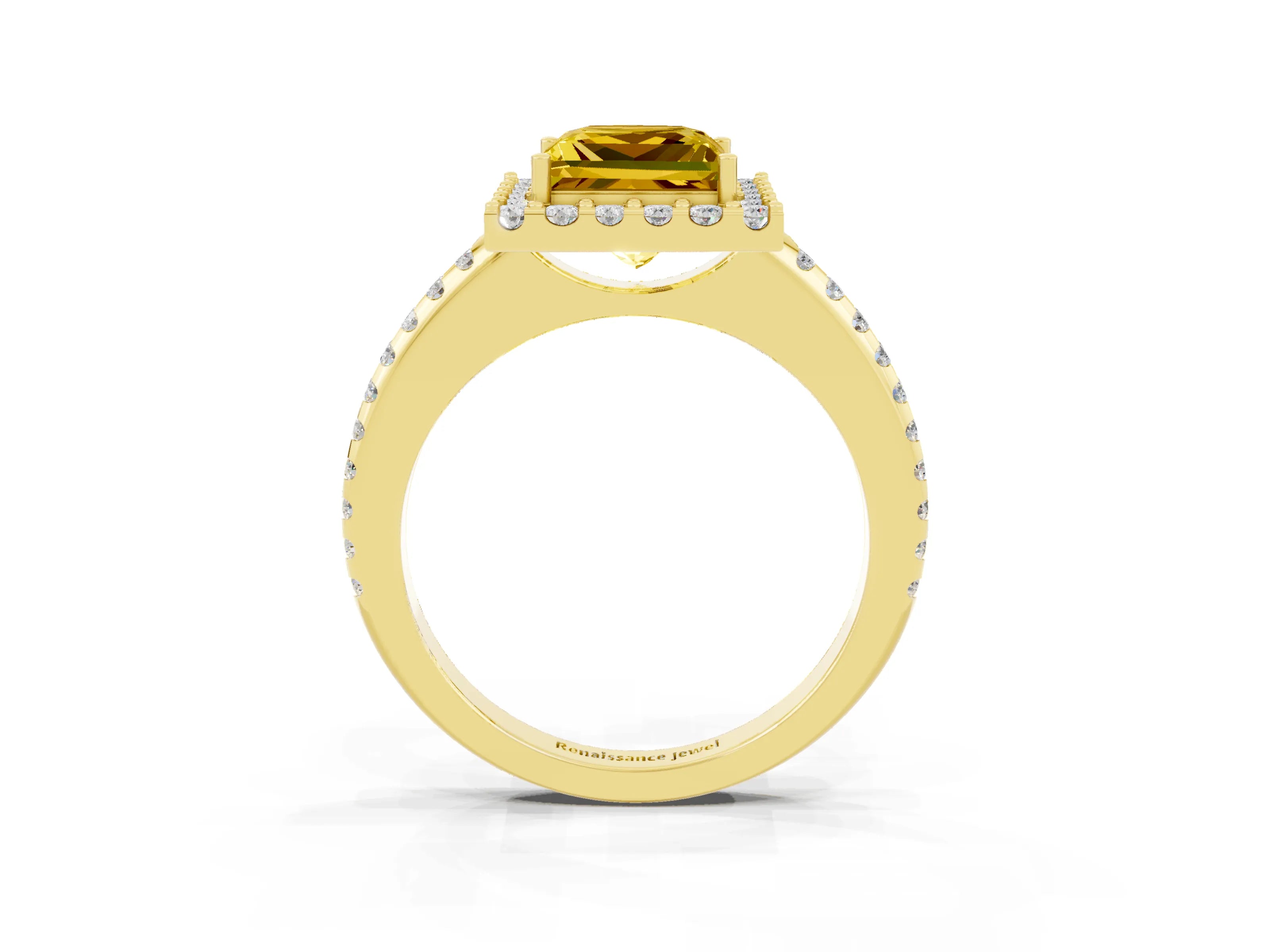 Yellow gold Princess Cut Yellow Sapphire Pavé Halo Ring with Four-Prong Setting_15