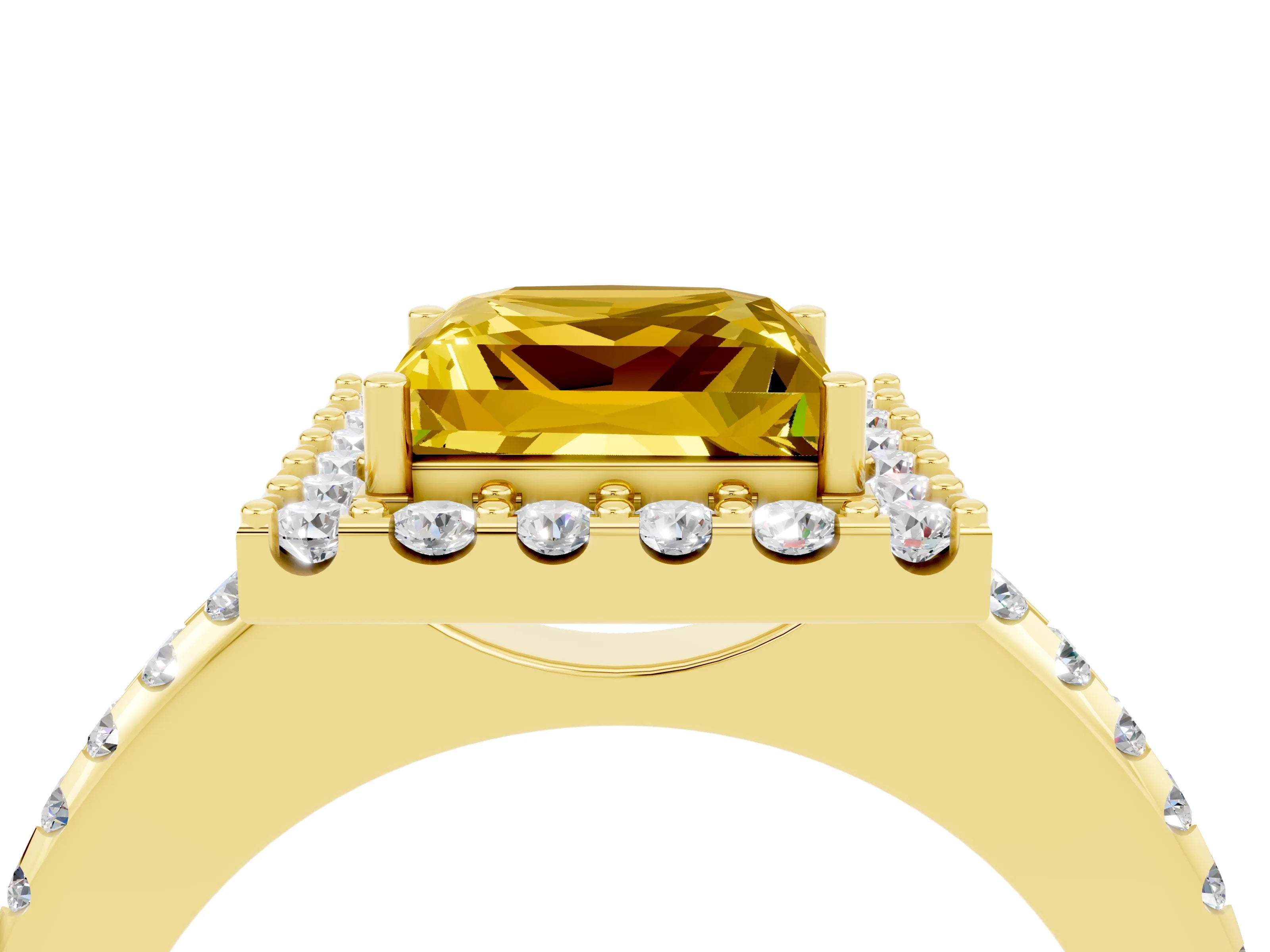Yellow gold Princess Cut Yellow Sapphire Pavé Halo Ring with Four-Prong Setting_16