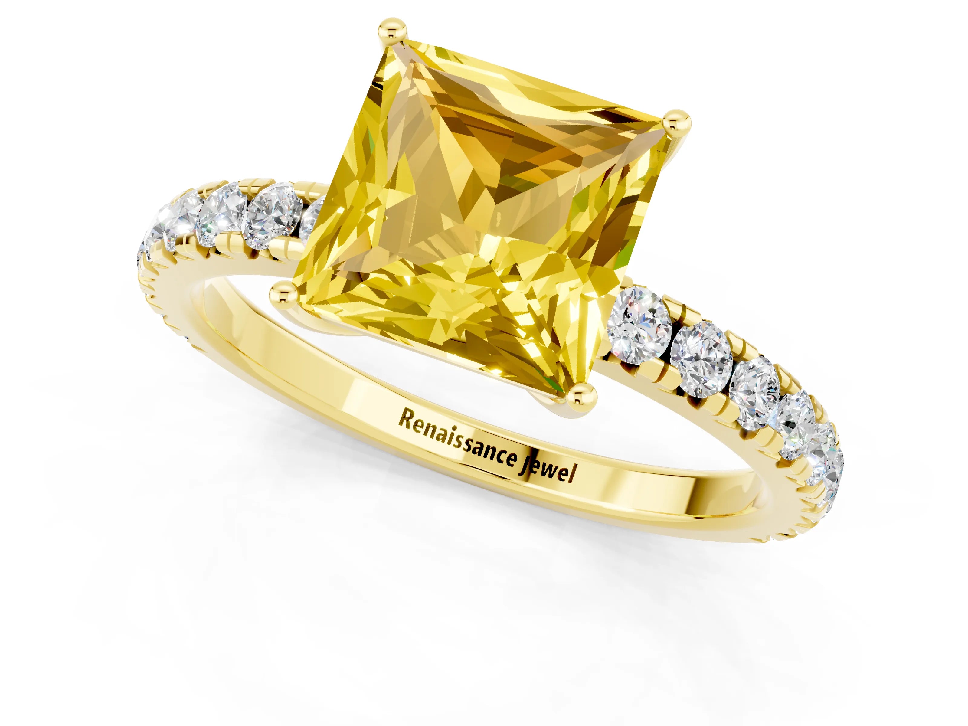 Yellow gold Princess Cut Yellow Sapphire Pavé Solitaire Engagement Ring with Four-Prong Setting_13