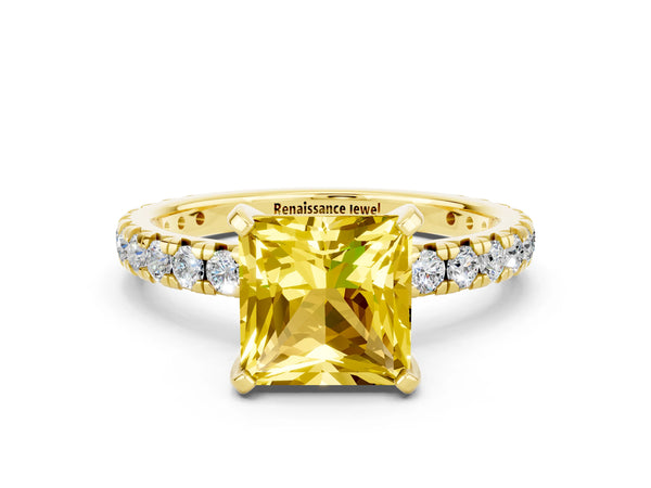 Yellow gold Princess Cut Yellow Sapphire Pavé Solitaire Ring with Round Band and Prong Setting