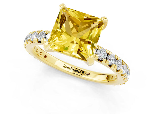 Yellow gold Princess Cut Yellow Sapphire Pavé Solitaire Ring with Round Band and Prong Setting