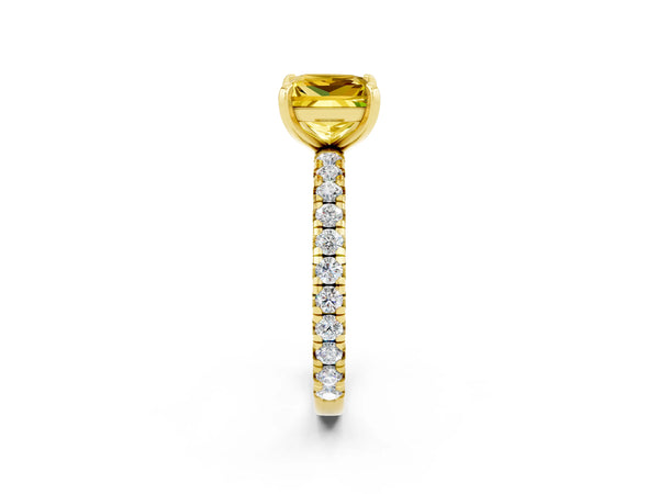 Yellow gold Princess Cut Yellow Sapphire Pavé Solitaire Ring with Round Band and Prong Setting