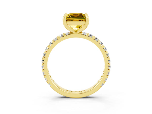 Yellow Gold Princess Cut Lab-Grown Yellow Sapphire Solitaire Engagement Ring with Shared Prong Pave Band