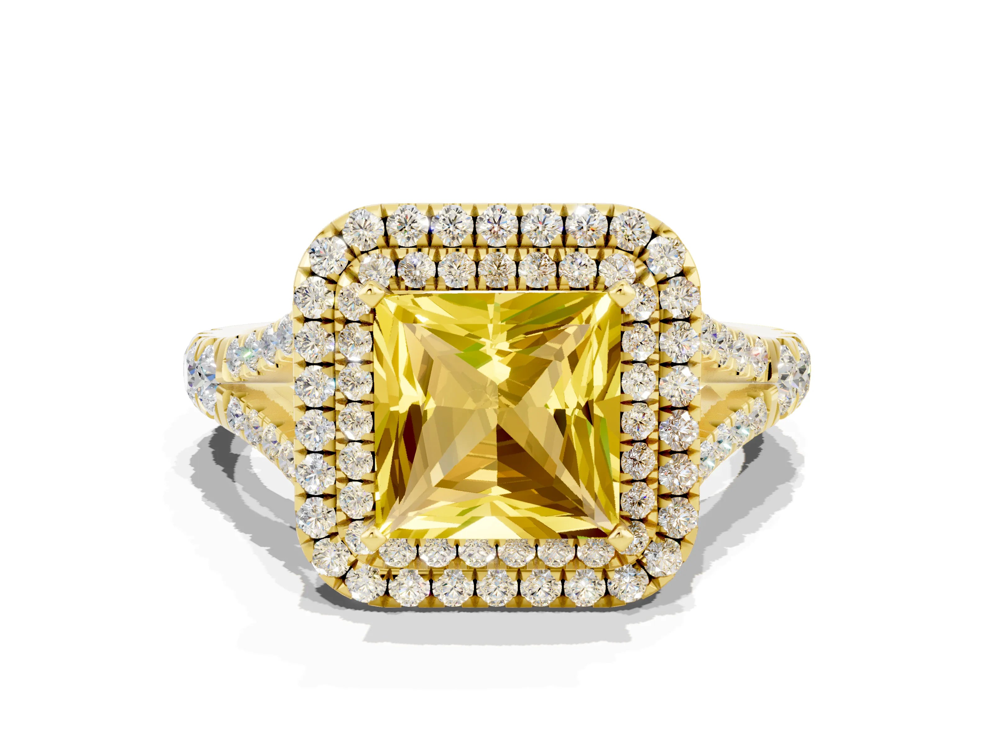 Yellow gold Princess Cut Yellow Sapphire Pavé Split Shank Double Halo Engagement Ring