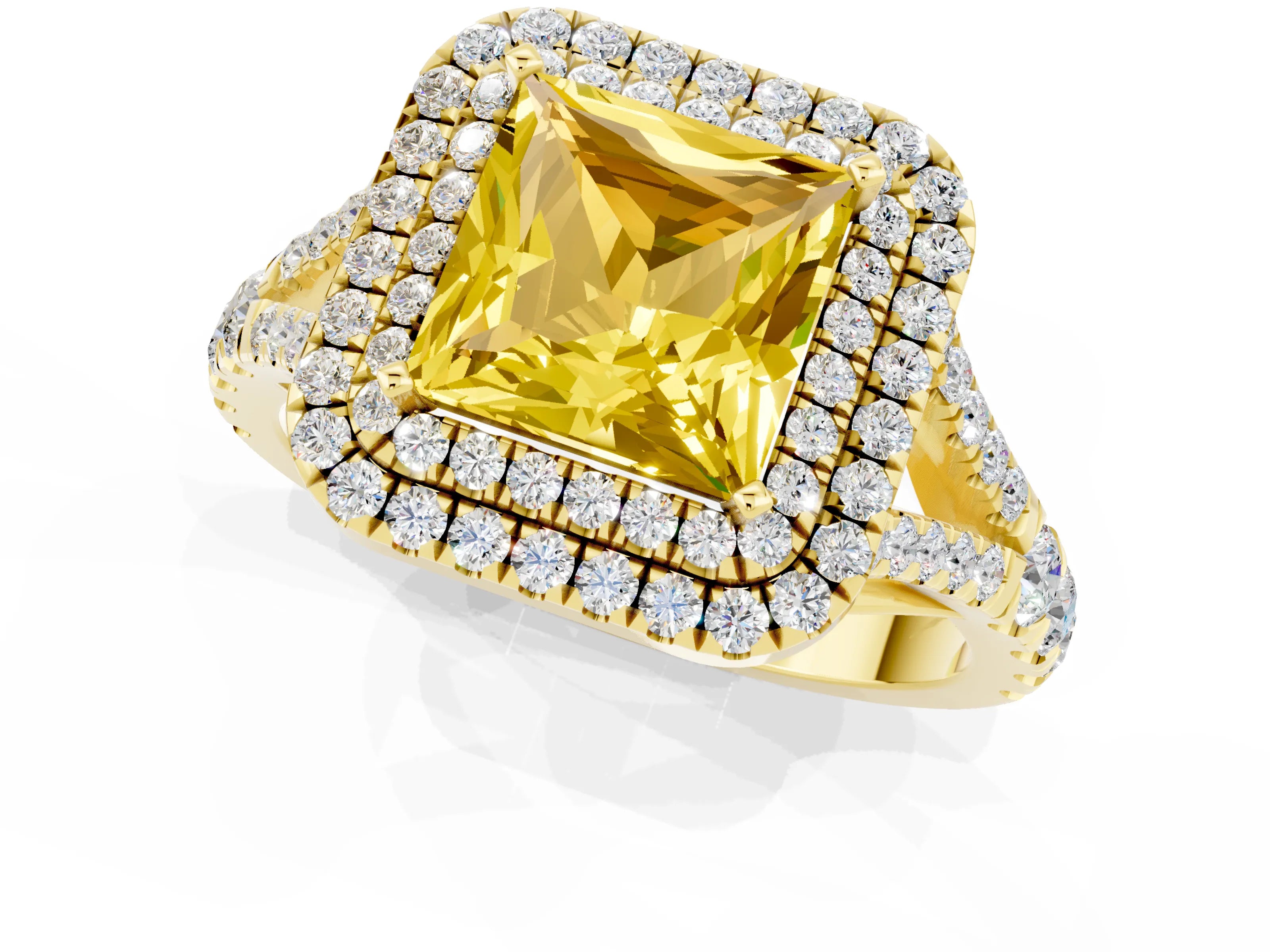 Yellow gold Princess Cut Yellow Sapphire Pavé Split Shank Double Halo Engagement Ring_1