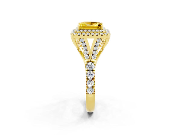 Yellow gold Princess Cut Yellow Sapphire Pavé Split Shank Double Halo Engagement Ring