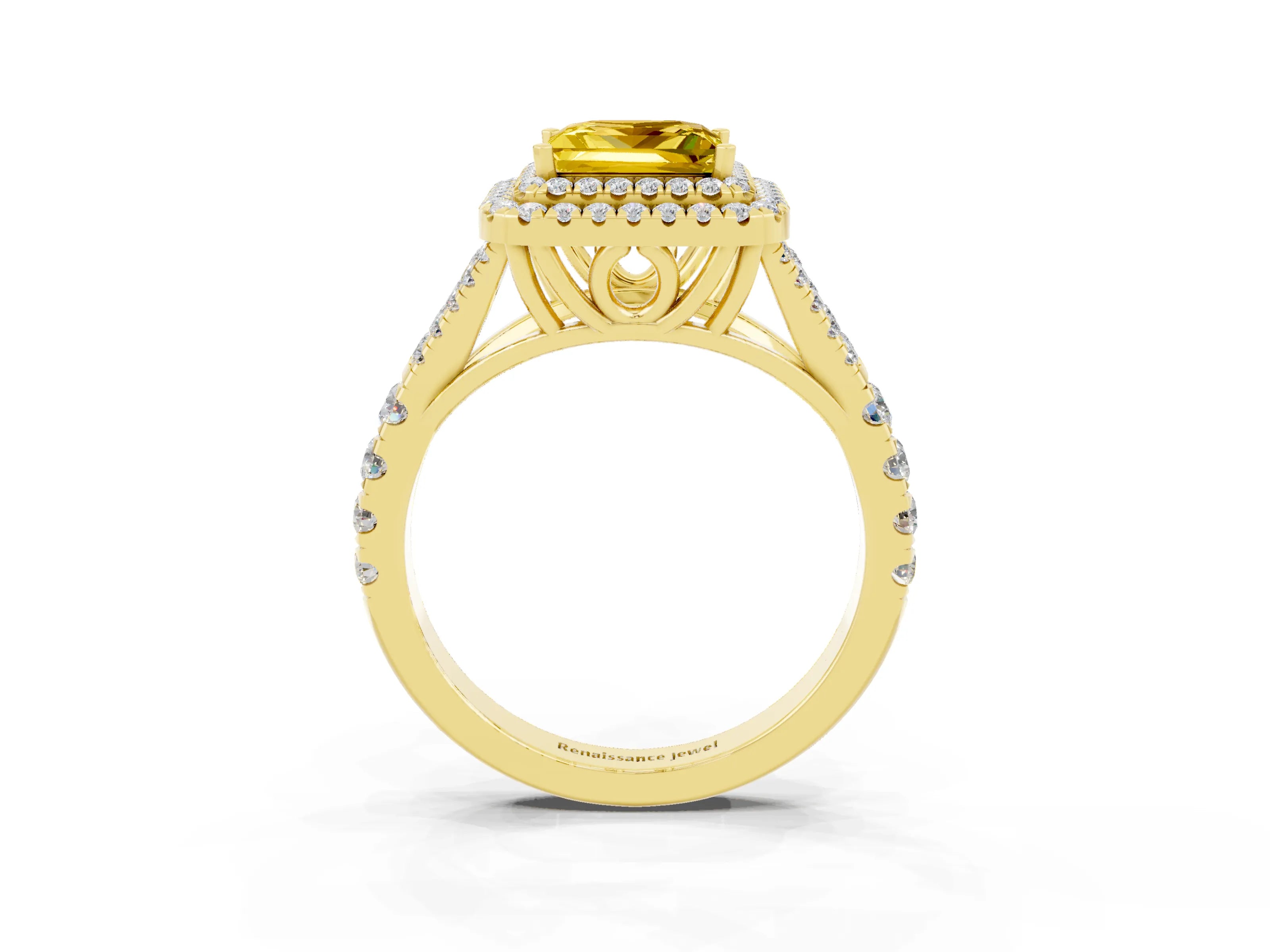 Yellow gold Princess Cut Yellow Sapphire Pavé Split Shank Double Halo Engagement Ring_3