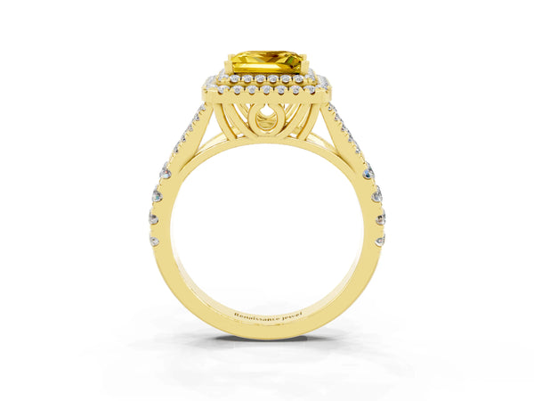 Yellow gold Princess Cut Yellow Sapphire Pavé Split Shank Double Halo Engagement Ring