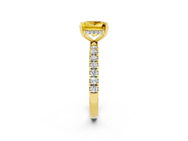 Yellow gold Princess Cut Yellow Sapphire Pave Band Solitaire Ring with Round  and Prong Setting
