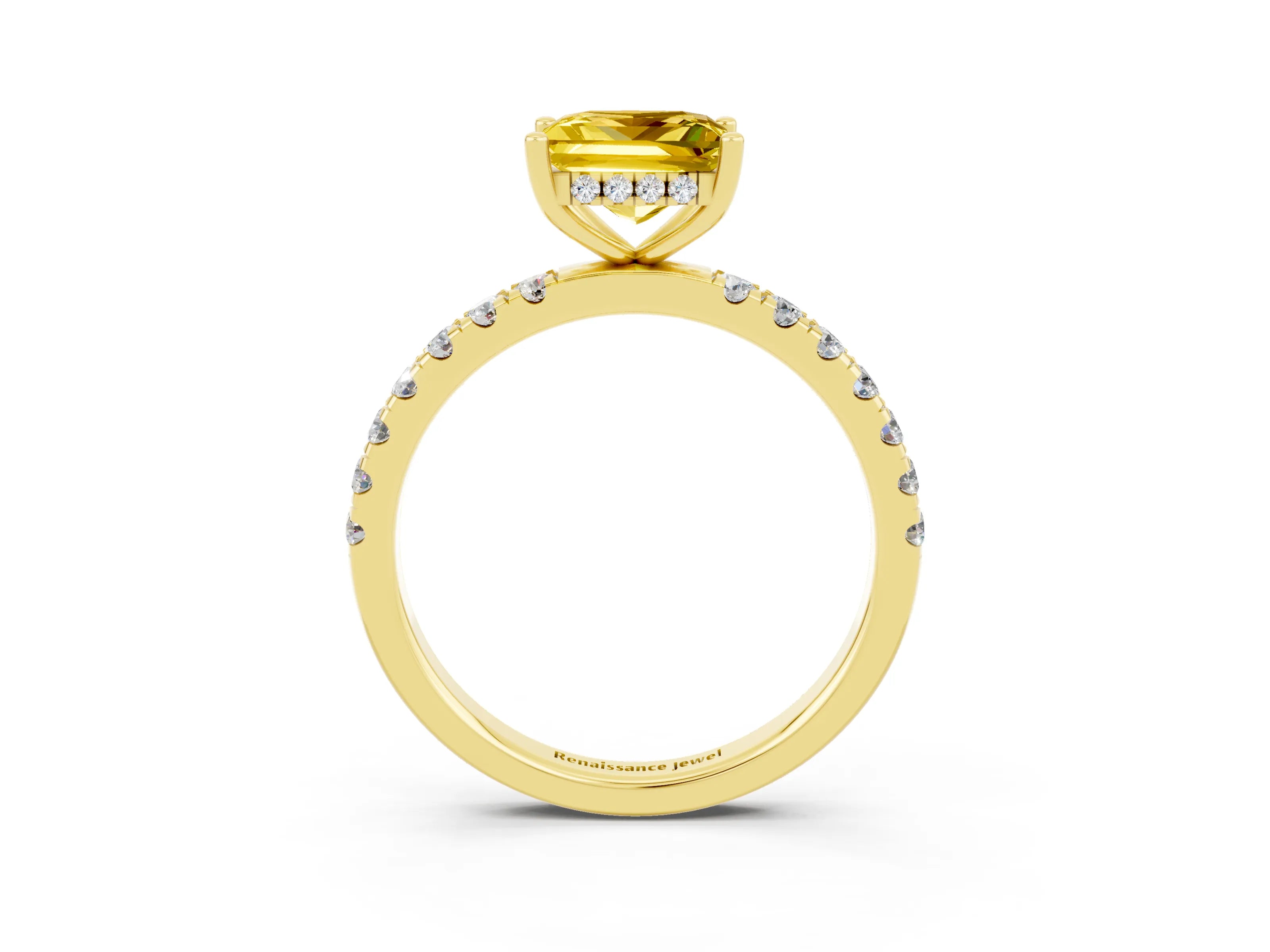 Yellow gold Princess Cut Yellow Sapphire Pave Band Solitaire Ring with Four-Prong Setting_15